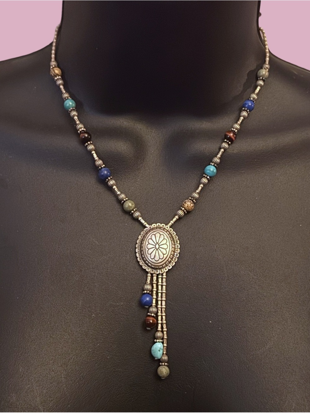 Vintage QT 925 silver natural stone concho lariat necklace